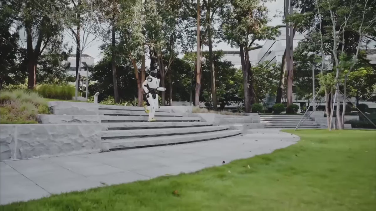 Load video: AgiBot X2 humanoid robot walking outdoors over steps and sloped terrain
