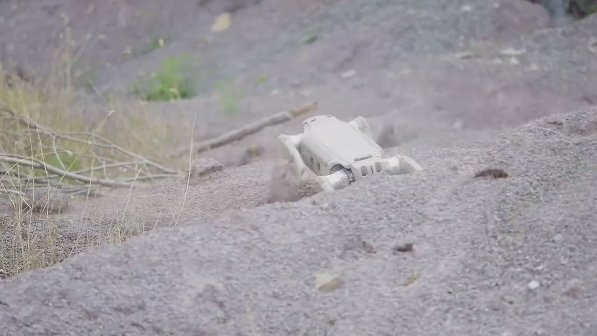 Load video: AgiBot D1 Ultra quadruped robot descending a steep loose slope and running through dense vegetation