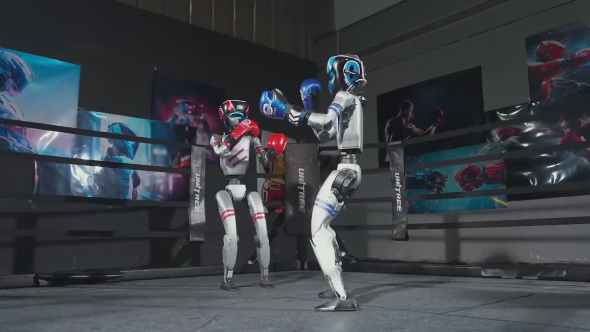 Load video: Two Unitree G1 humanoid robots boxing in a ring