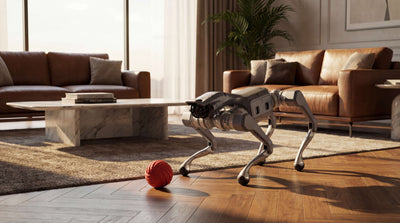 Unitree As2 quadruped robot walking indoors in a living room