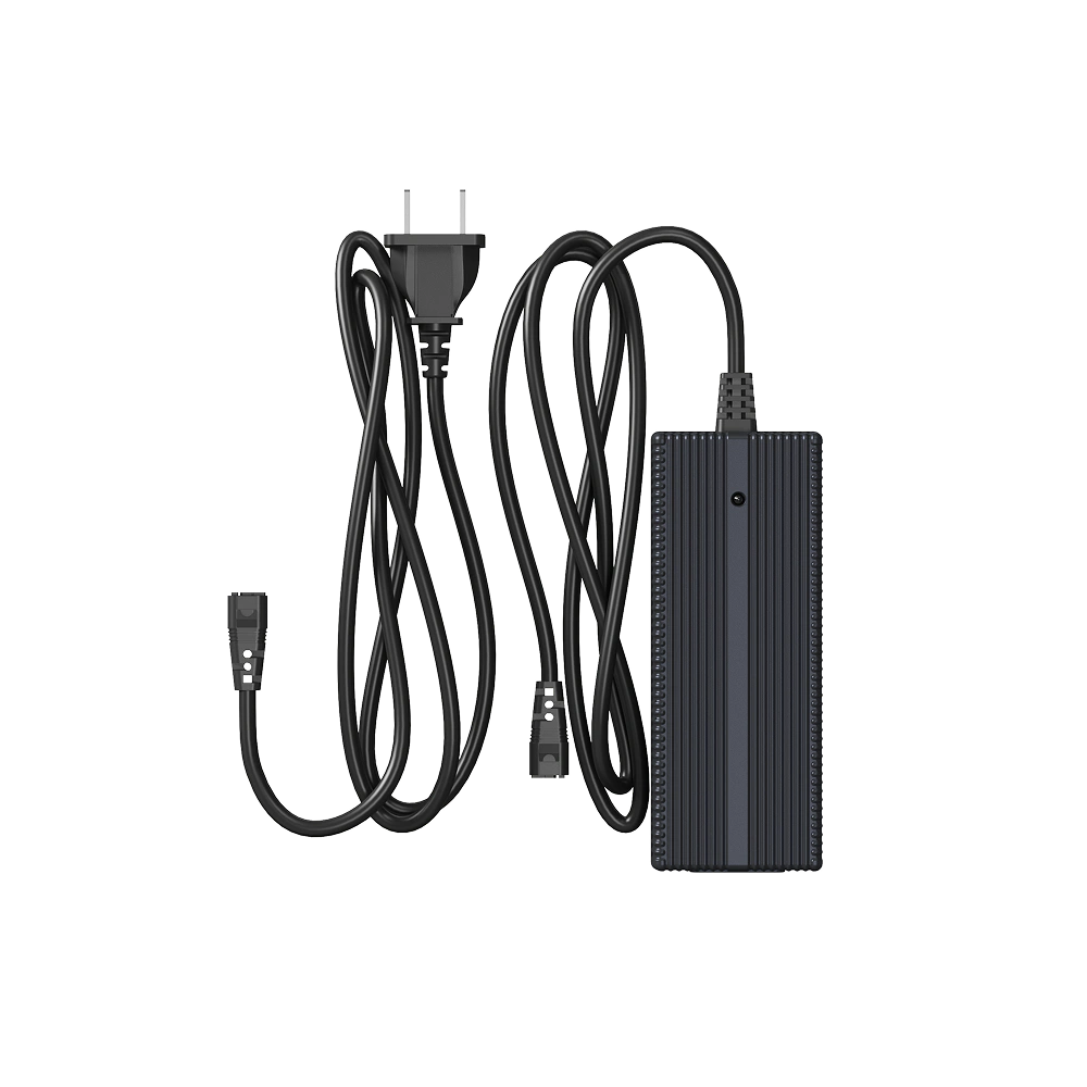 Unitree G1 battery charger with US power cord and DC output cable, studio render on white background