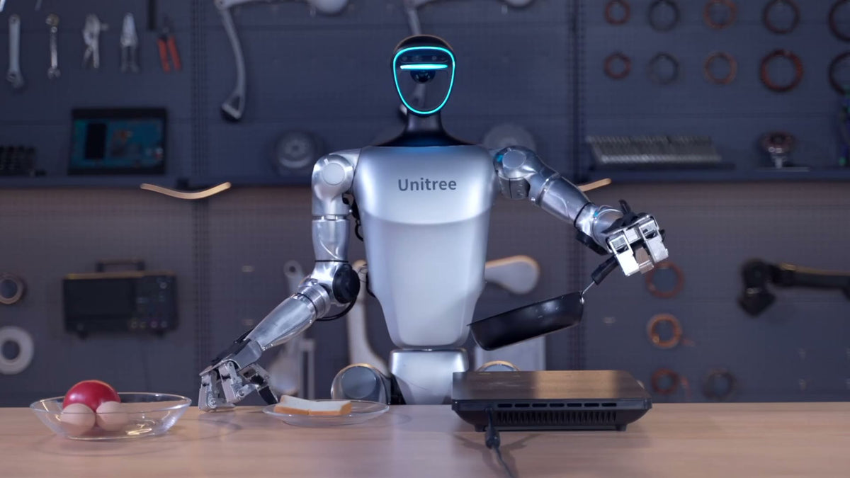 Unitree G1 humanoid robot handling objects at a bench