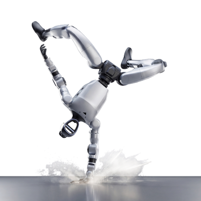 Unitree G1 humanoid robot performing a one handed handstand, studio render
