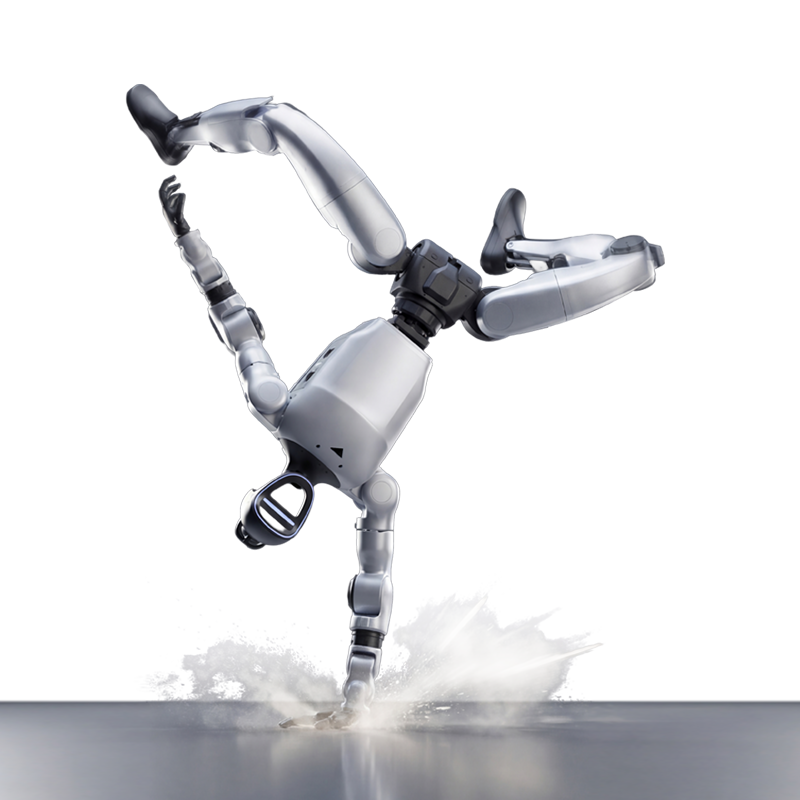 Unitree G1 humanoid robot performing a one handed handstand, studio render