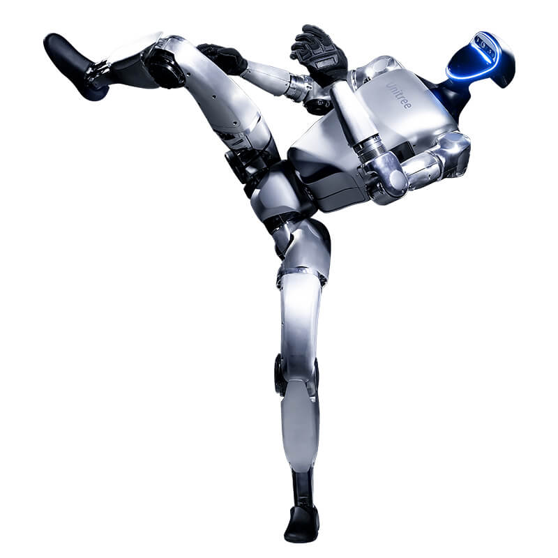 Unitree G1 humanoid robot performing a high kick, studio render