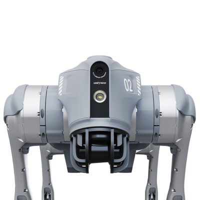 Unitree Go2 X front studio render showing the front camera and sensor head