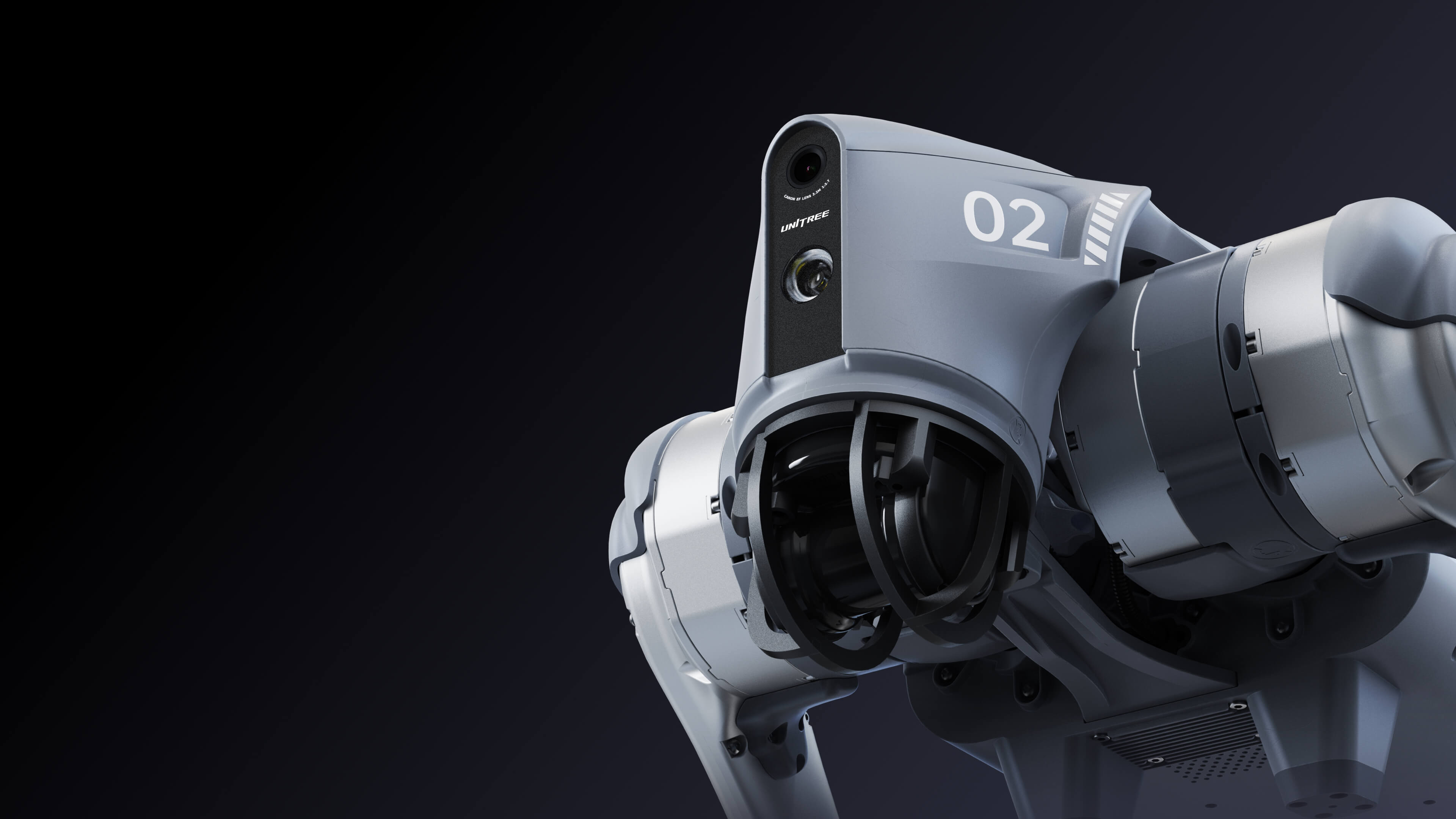 Unitree Go2 Pro robot dog three-quarter studio view on black