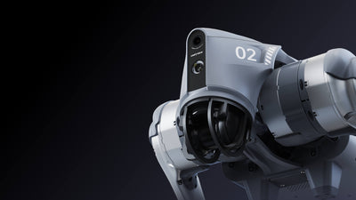 Unitree Go2 Pro robot dog three-quarter studio view on black