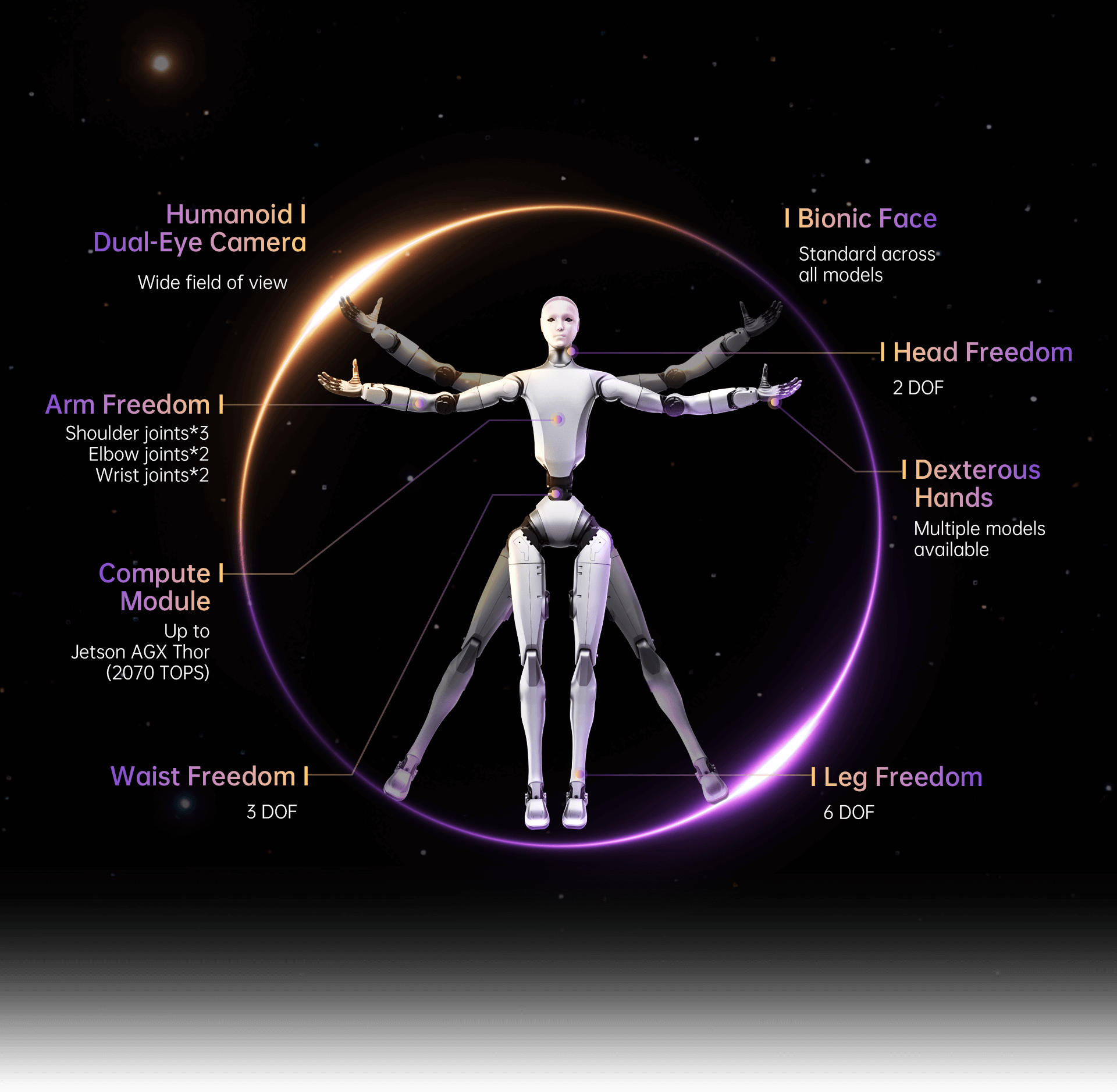 Unitree H2 humanoid robot specifications diagram with degrees of freedom and compute module