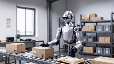 Unitree R1-A7 dual-arm robot handling parcels on a logistics conveyor